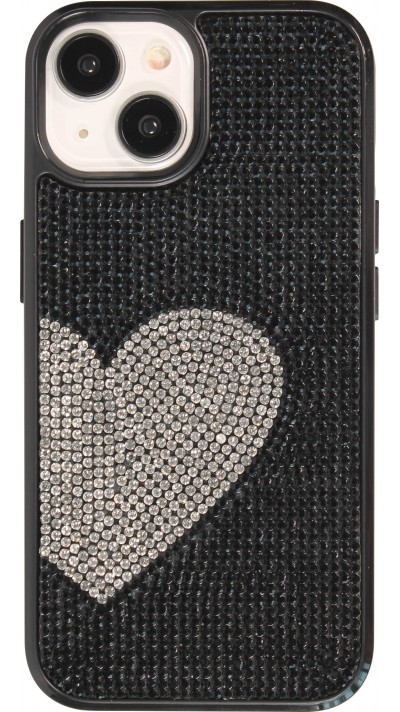 iPhone 15 Case Hülle - Silikon weich mit glitzernden Edelsteinen White Heart - Schwarz