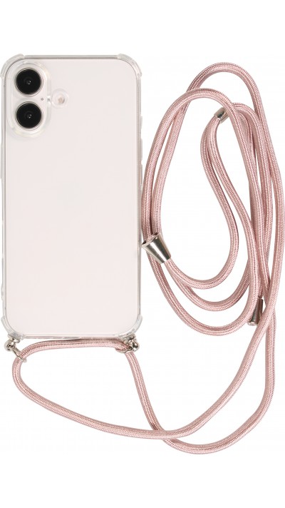 Coque iPhone 16 - Gel transparent avec lacet or - Rose