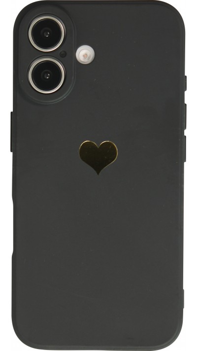 iPhone 16 Plus Case Hülle - Silikon Mat Herz gold - Schwarz