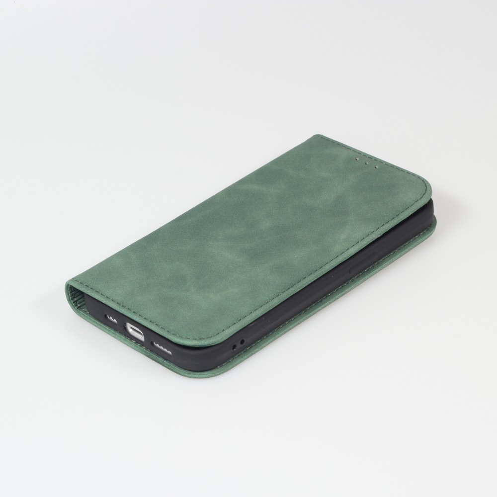 iPhone 15 Leder Tasche - Flip Wallet vintage mit Magnetverschluss und Kartenhalter - Dunkelgrün