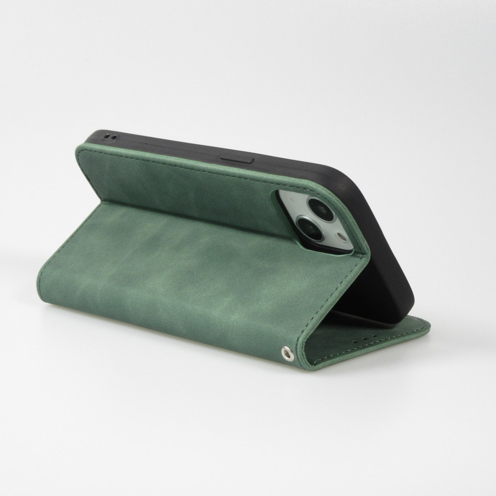 iPhone 15 Leder Tasche - Flip Wallet vintage mit Magnetverschluss und Kartenhalter - Dunkelgrün