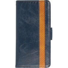 Etui cuir iPhone 13 Pro - Flip Wallet en cuir véritable avec stripe design et compartiment à cartes - Bleu