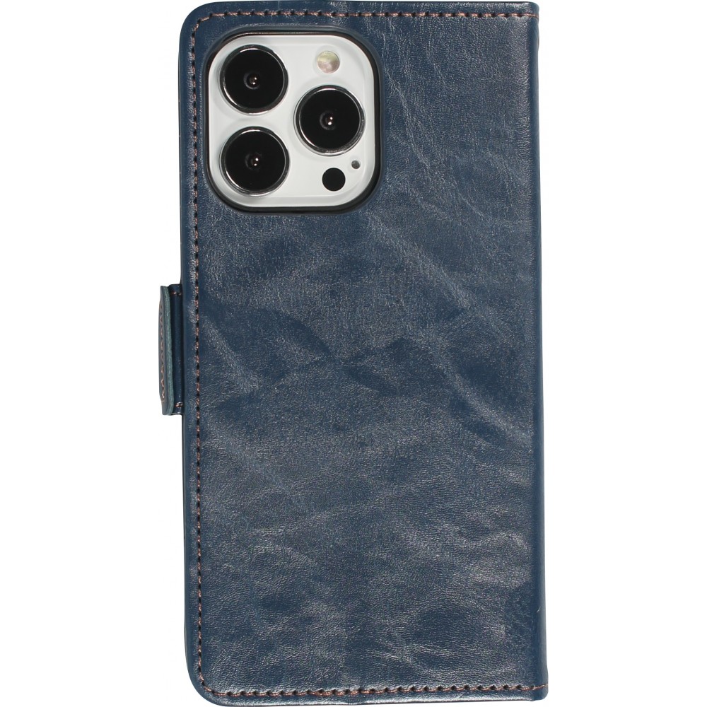 iPhone 13 Pro Leder Tasche - Flip Wallet Echtleder mit Akzentstreifen & Kartenhalter - Blau