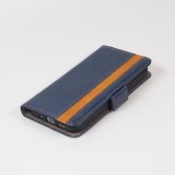 iPhone 13 Pro Leder Tasche - Flip Wallet Echtleder mit Akzentstreifen & Kartenhalter - Blau