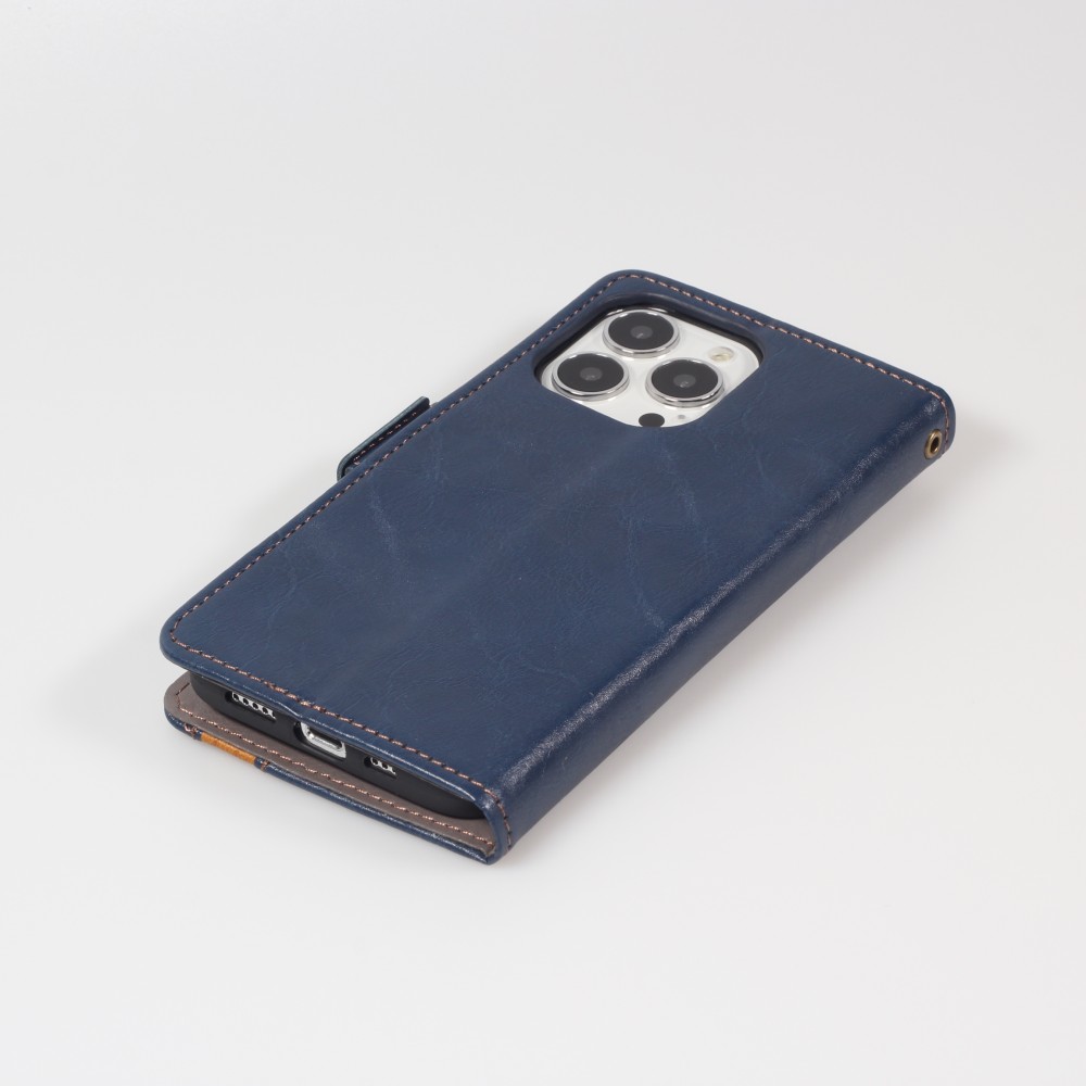 Etui cuir iPhone 13 Pro - Flip Wallet en cuir véritable avec stripe design et compartiment à cartes - Bleu