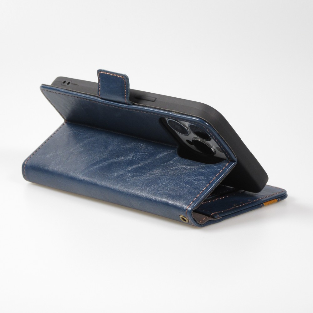 Etui cuir iPhone 13 Pro - Flip Wallet en cuir véritable avec stripe design et compartiment à cartes - Bleu