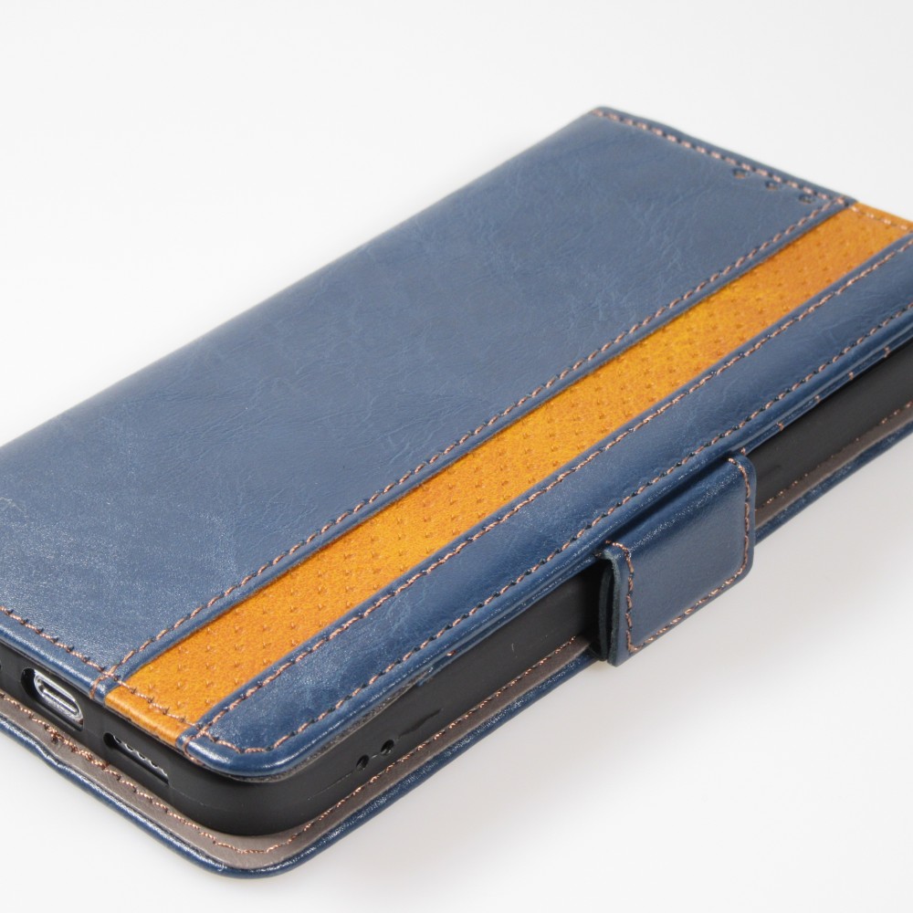 iPhone 13 Pro Leder Tasche - Flip Wallet Echtleder mit Akzentstreifen & Kartenhalter - Blau