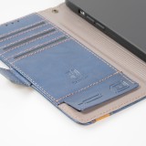 iPhone 13 Pro Leder Tasche - Flip Wallet Echtleder mit Akzentstreifen & Kartenhalter - Blau