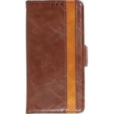 Etui cuir iPhone 13 Pro - Flip Wallet en cuir véritable avec stripe design et compartiment à cartes - Brun foncé