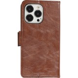 Etui cuir iPhone 13 Pro - Flip Wallet en cuir véritable avec stripe design et compartiment à cartes - Brun foncé