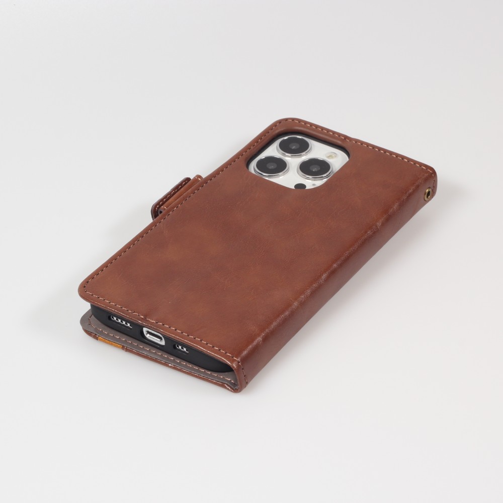 Etui cuir iPhone 13 Pro - Flip Wallet en cuir véritable avec stripe design et compartiment à cartes - Brun foncé