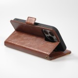 Etui cuir iPhone 13 Pro - Flip Wallet en cuir véritable avec stripe design et compartiment à cartes - Brun foncé