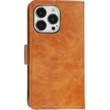 Etui cuir iPhone 13 Pro - Flip Wallet en cuir véritable avec stripe design et compartiment à cartes - Brun