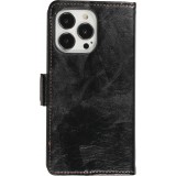 iPhone 13 Pro Leder Tasche - Flip Wallet Echtleder mit Akzentstreifen & Kartenhalter - Schwarz