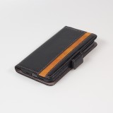 iPhone 13 Pro Leder Tasche - Flip Wallet Echtleder mit Akzentstreifen & Kartenhalter - Schwarz