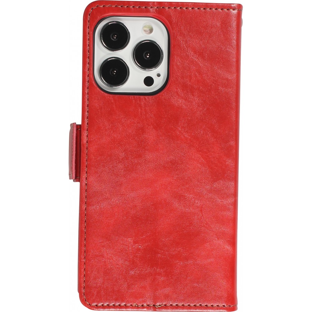 iPhone 13 Pro Leder Tasche - Flip Wallet Echtleder mit Akzentstreifen & Kartenhalter - Rot