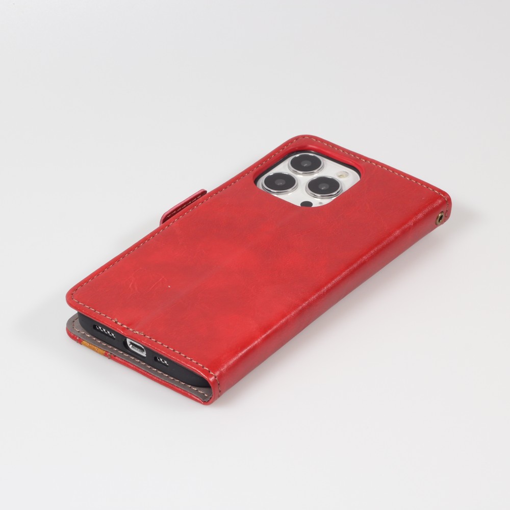 iPhone 13 Pro Leder Tasche - Flip Wallet Echtleder mit Akzentstreifen & Kartenhalter - Rot