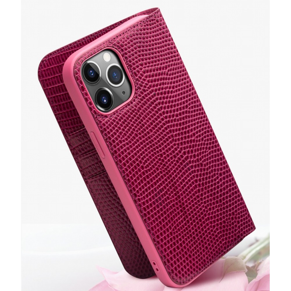 Hülle iPhone 12 Pro Max - Qialino Croco Flip Echtleder - Rosa