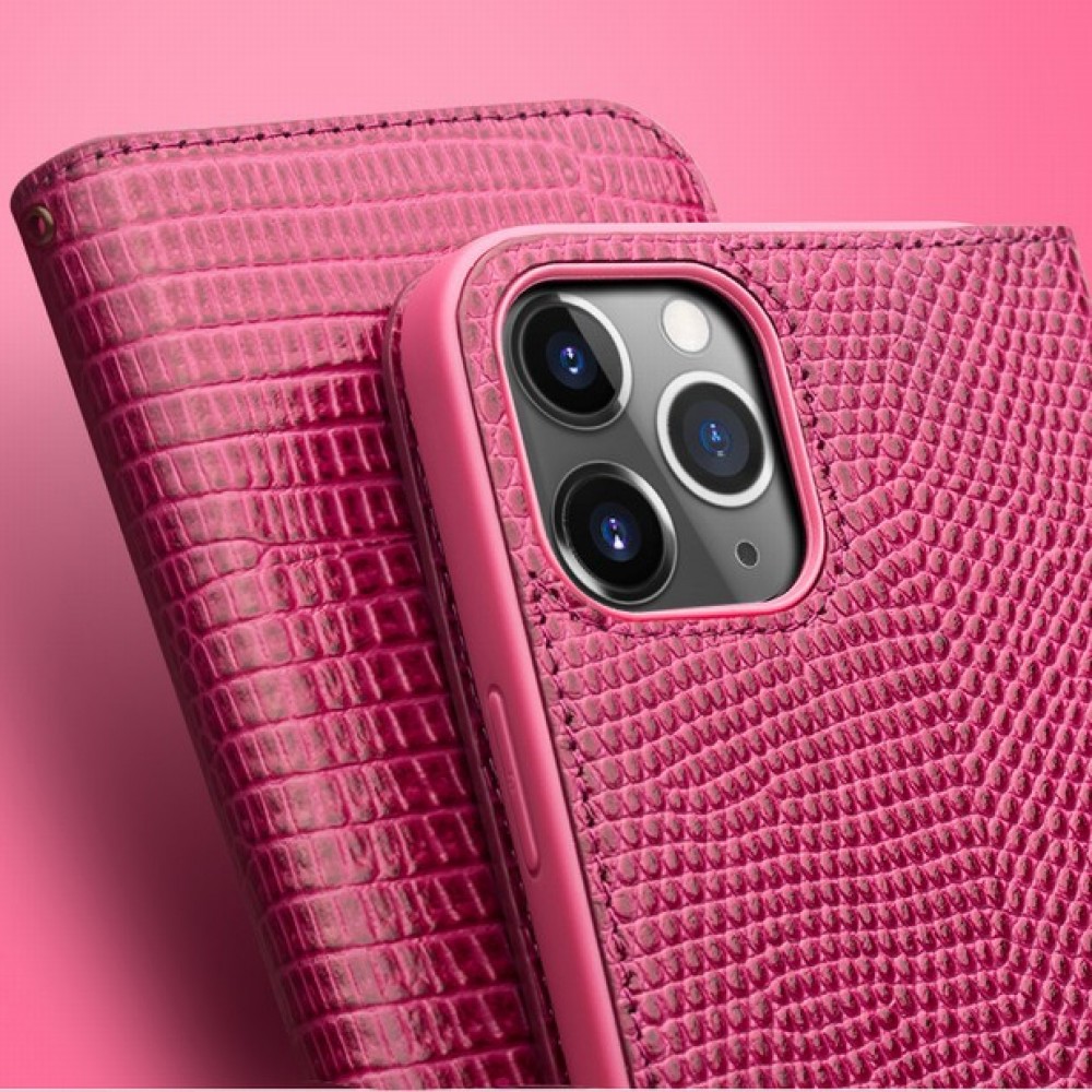 iPhone 15 Pro Case Hülle - Qialino Croco Flip Echtleder - Rosa