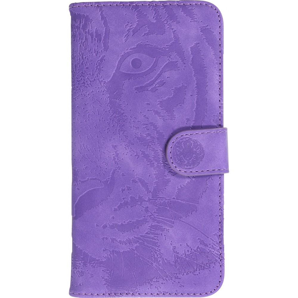 iPhone 15 Plus Case Hülle - 3D Flip Kunstleder Auge des Tigers - Violett