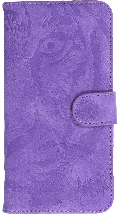 iPhone 15 Pro Case Hülle - 3D Flip Kunstleder Auge des Tigers - Violett