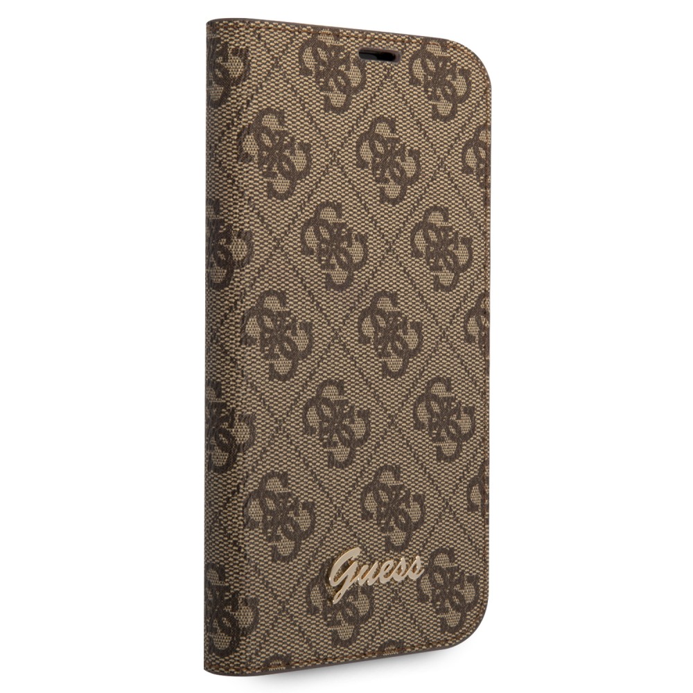 iPhone 14 Pro Case Hülle - Flip Guess Leinwand Kunstleder mit goldfarbenem Metall-Logo in Reliefoptik - Braun