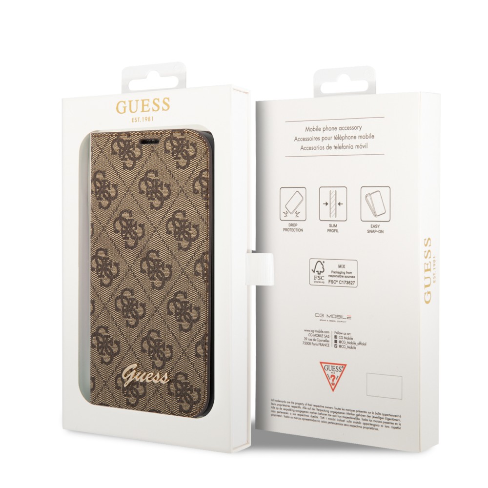 iPhone 14 Pro Case Hülle - Flip Guess Leinwand Kunstleder mit goldfarbenem Metall-Logo in Reliefoptik - Braun