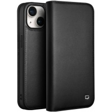 iPhone 15 Plus Case Hülle - Qialino Flip Echtleder - Mattschwarz