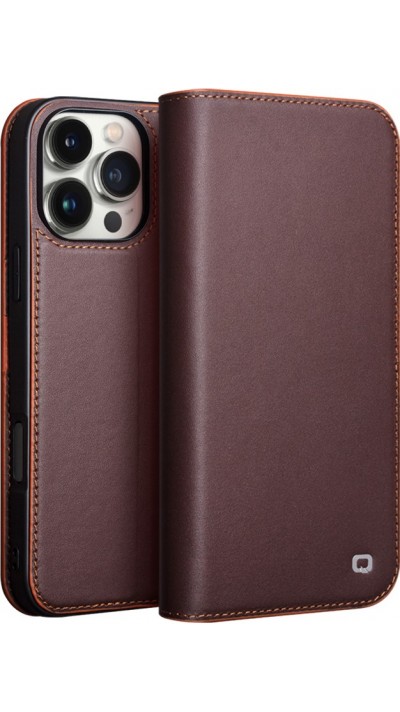 Fourre iPhone 16 Pro - Flip Qialino Matt Wallet cuir véritable - Brun foncé mat