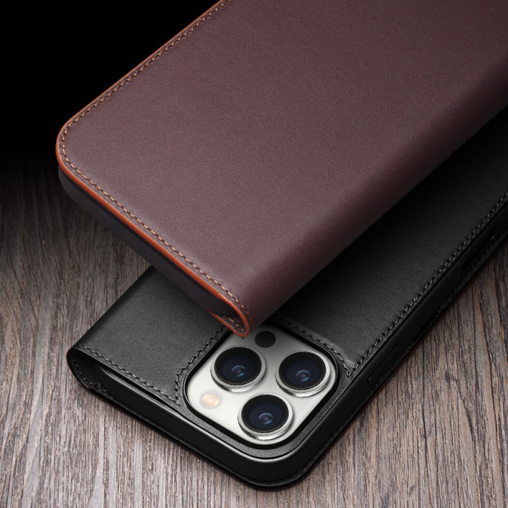 iPhone 16 Pro Max Case Hülle - Qialino Flip Matt Wallet Echtleder - Braun