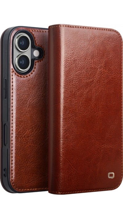 Fourre iPhone 16 Plus - Flip Qialino Classic Wallet cuir véritable - Brun