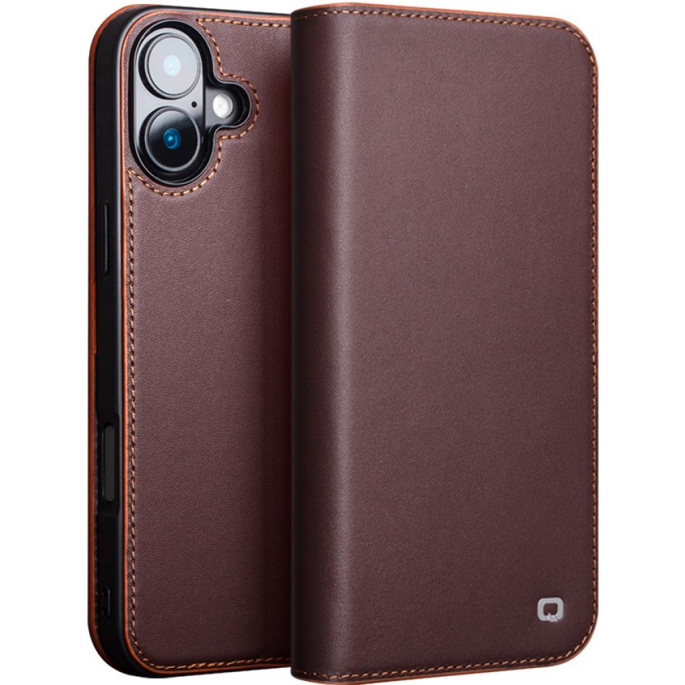 iPhone 16 Case Hülle - Qialino Flip Matt Wallet Echtleder - Braun