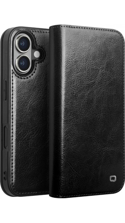 Fourre iPhone 16 Plus - Flip Qialino Classic Wallet cuir véritable - Noir