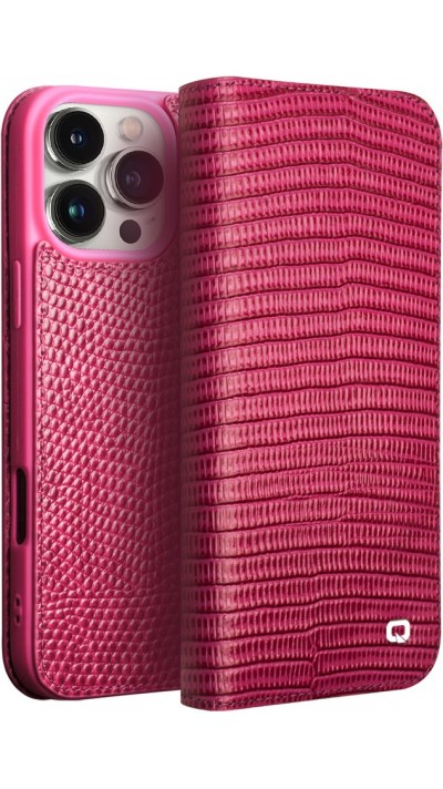 iPhone 16 Pro Max Case Hülle - Qialino Croco Flip Echtleder - Rosa