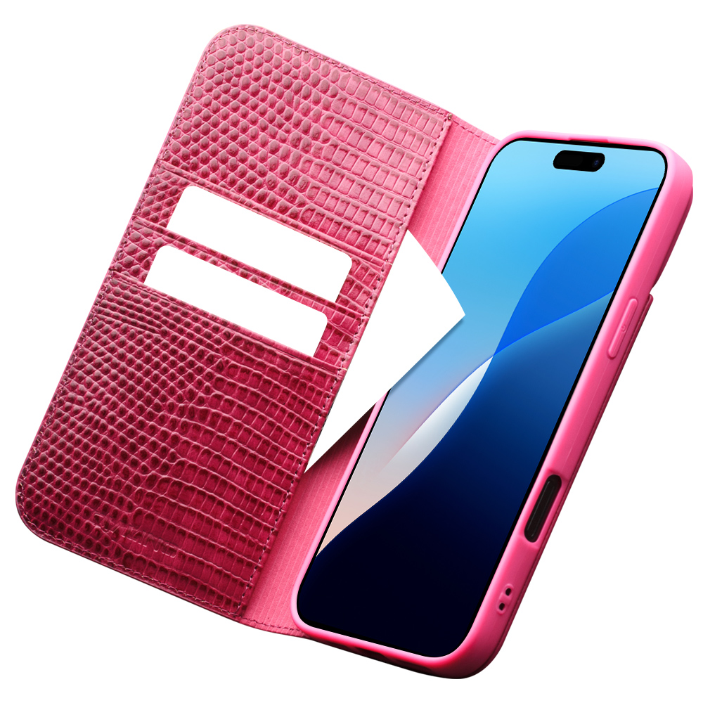 iPhone 16 Pro Max Case Hülle - Qialino Croco Flip Echtleder - Rosa