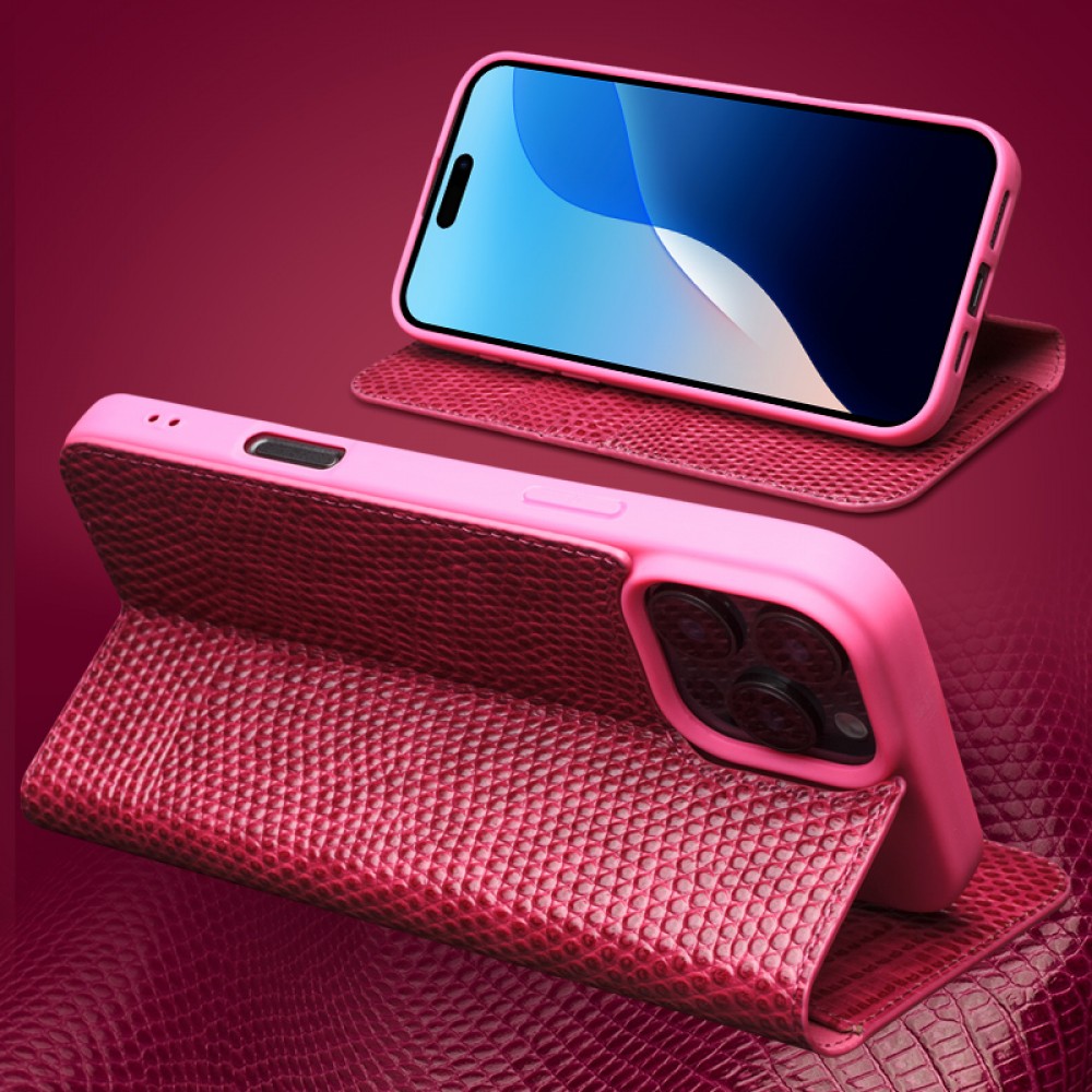 iPhone 16 Pro Max Case Hülle - Qialino Croco Flip Echtleder - Rosa