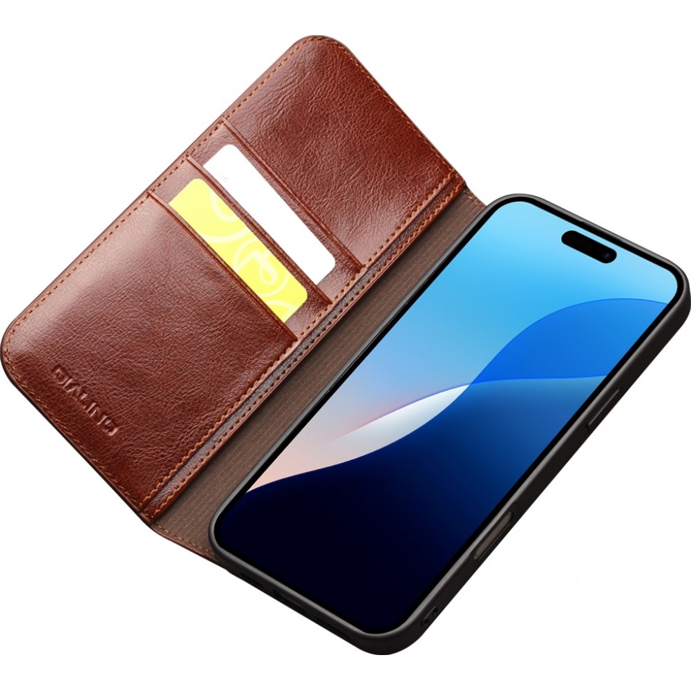 iPhone 16 Pro Max Case Hülle - Qialino Flip Classic Wallet Echtleder - Braun