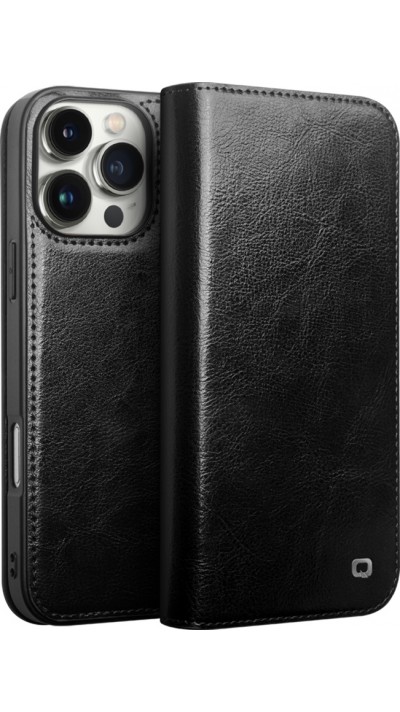 Fourre iPhone 16 Pro Max - Flip Qialino Classic Wallet cuir véritable - Noir