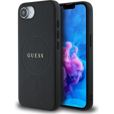 Coque iPhone 16e - Guess Classic Logo MagSafe en cuir grainé - Noir