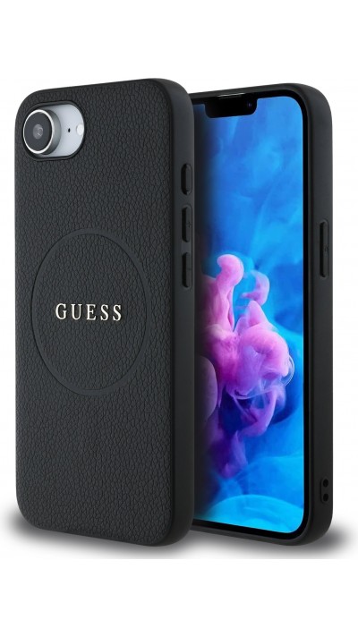 iPhone 16e Case Hülle - Guess Classic Logo MagSafe aus genarbtem Leder - Schwarz