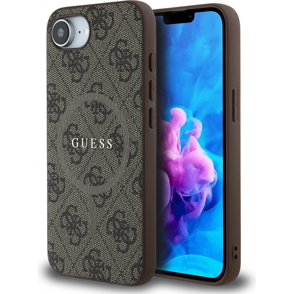 iPhone 16e Case Hülle - Guess Monogramm Kunstleder mit integriertem MagSafe - Braun