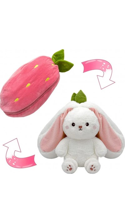 Peluche convertible lapin mignon à fraise fruitée 2 en 1 jouet - Blanc