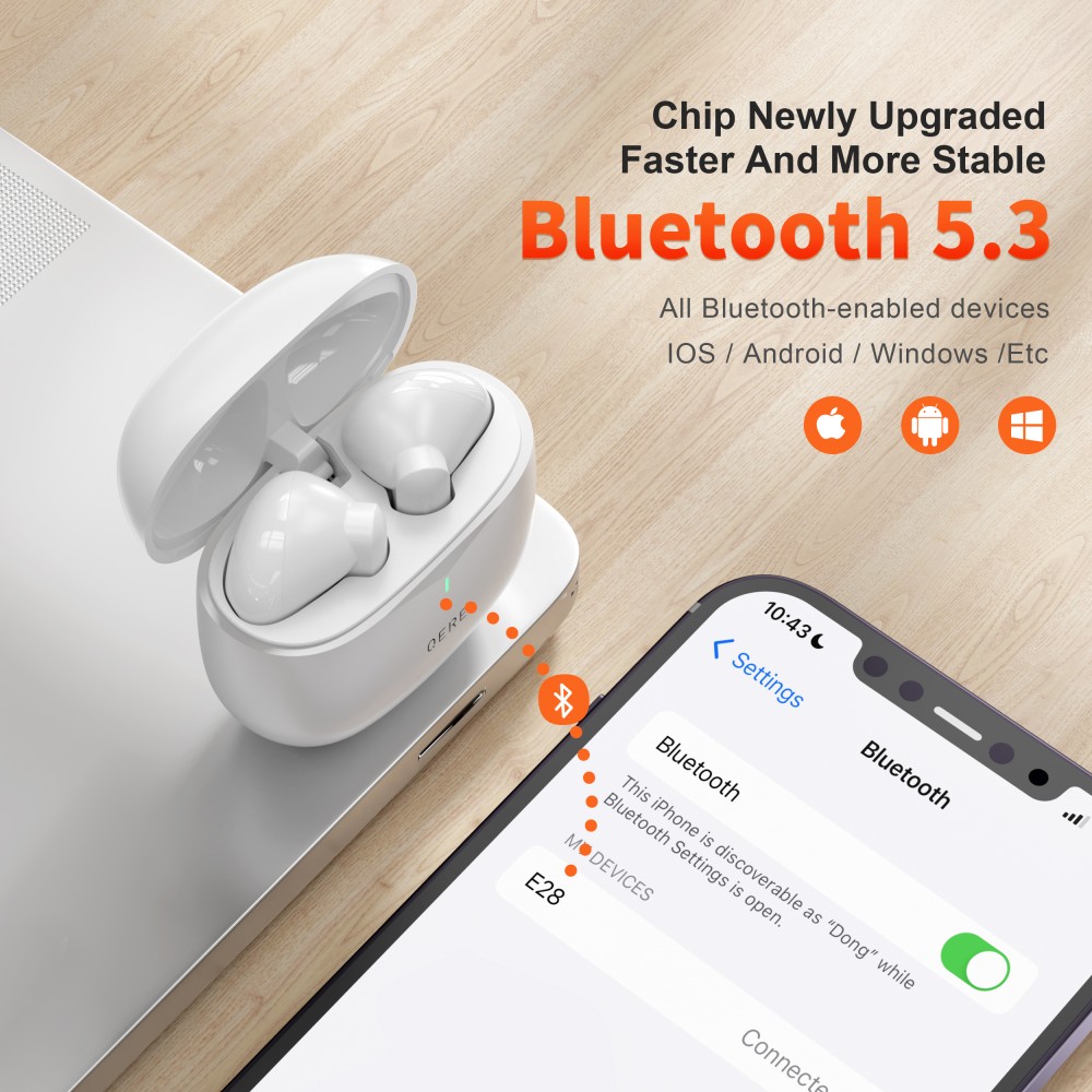 QERE E28 Kabellose Bluetooth 5.3 Kopfhörer In-Ear HIFI mit Nois cancellation, IPX5 & Touch Control - Weiss