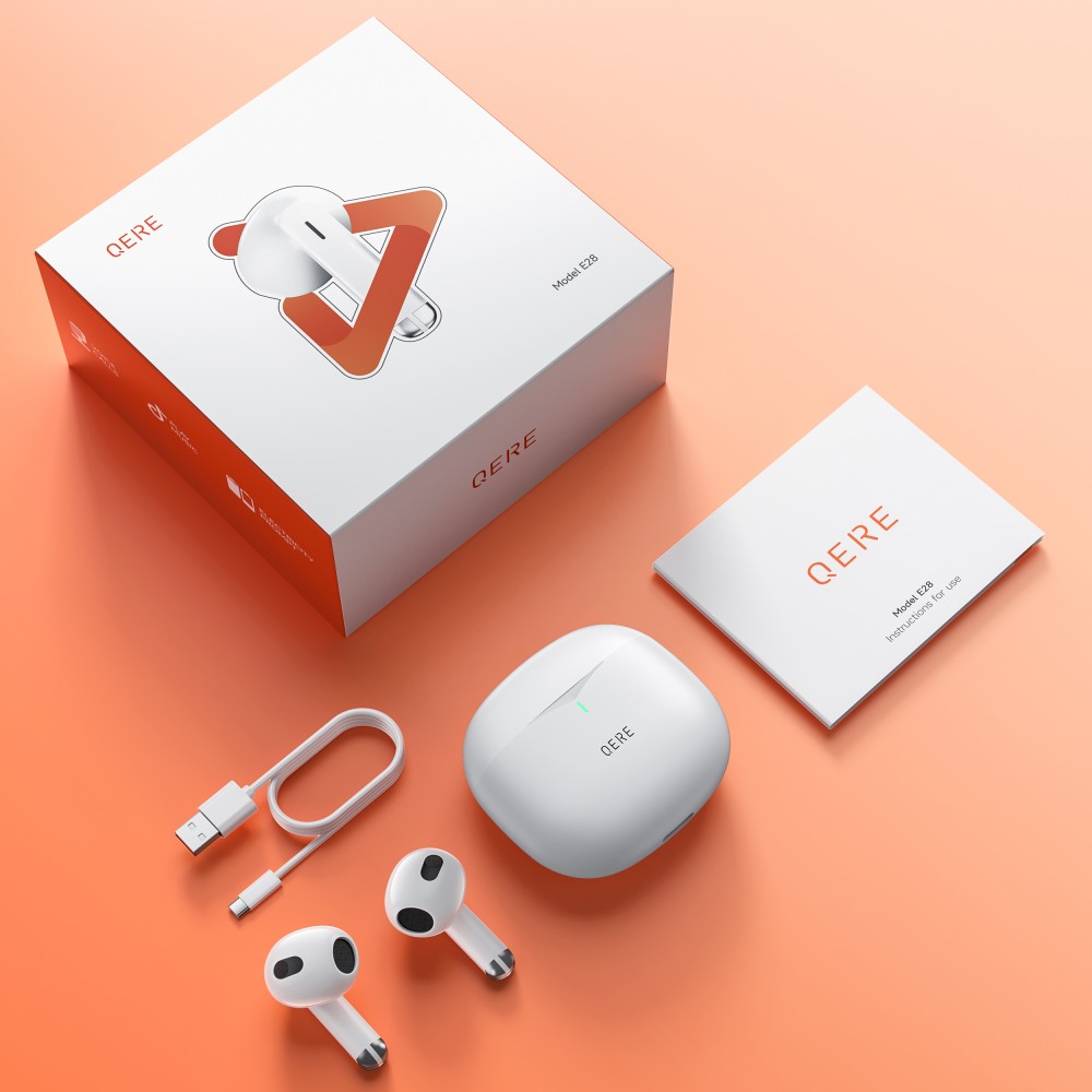 QERE E28 Kabellose Bluetooth 5.3 Kopfhörer In-Ear HIFI mit Nois cancellation, IPX5 & Touch Control - Weiss