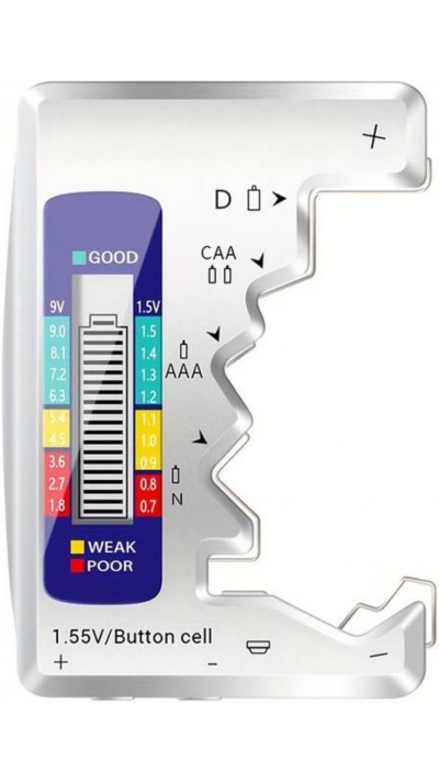 Intelligenter universal Batterien Tester mit integrierter LED Anzeige der Batterieladung - Silber